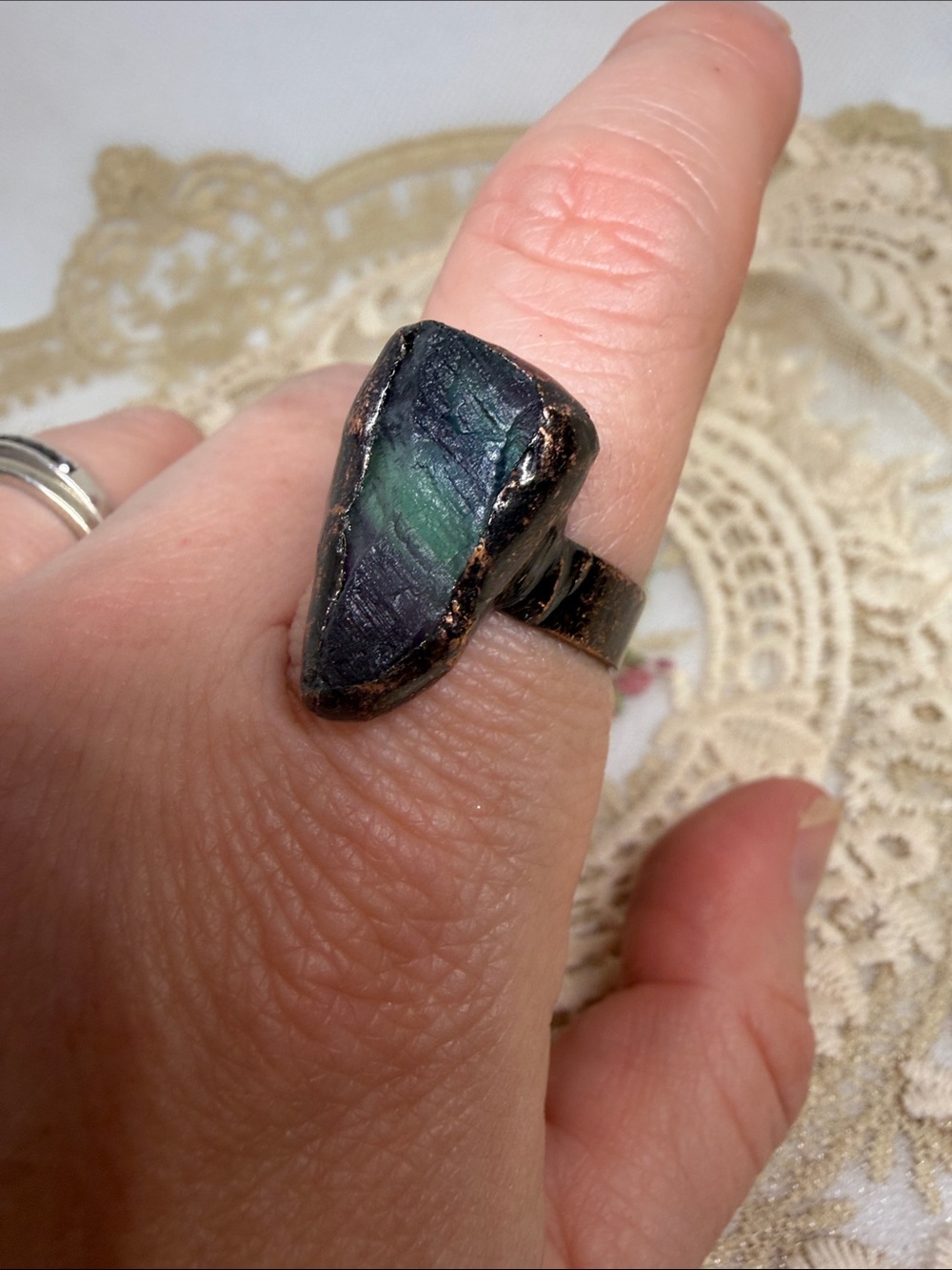 Raw Genuine Rainbow Fluorite Adjustable Brass Ring Rustic Boho Cottagecore